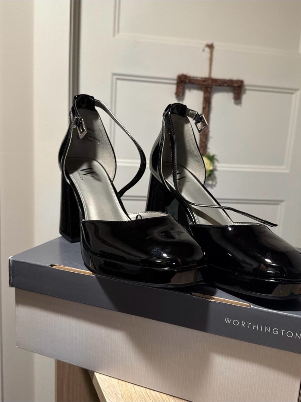 Worthington Black Patent Cross-Strap Block Heels